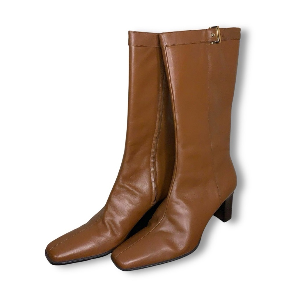 Size 10 Karen Scott Tan Brown Leather Boots Block Heel Zip Closure 3” Heel